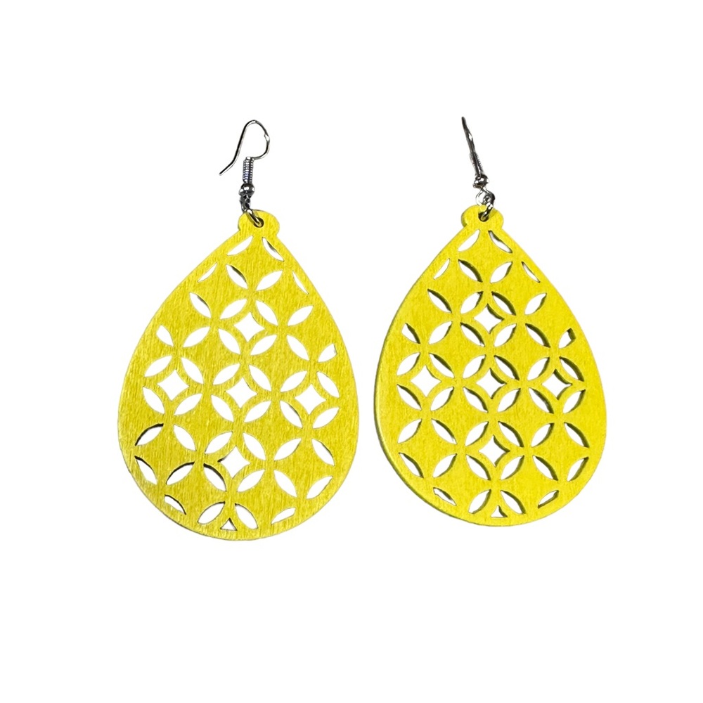 Boho Cutout Wood Teardrop Drop Style Yellow Earrings